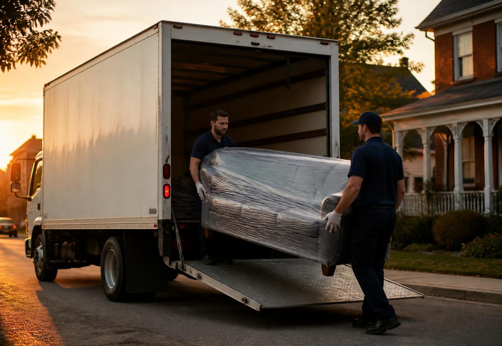 Quinte Express crew unloading a wrapped sofa from a box truck at a Belleville home