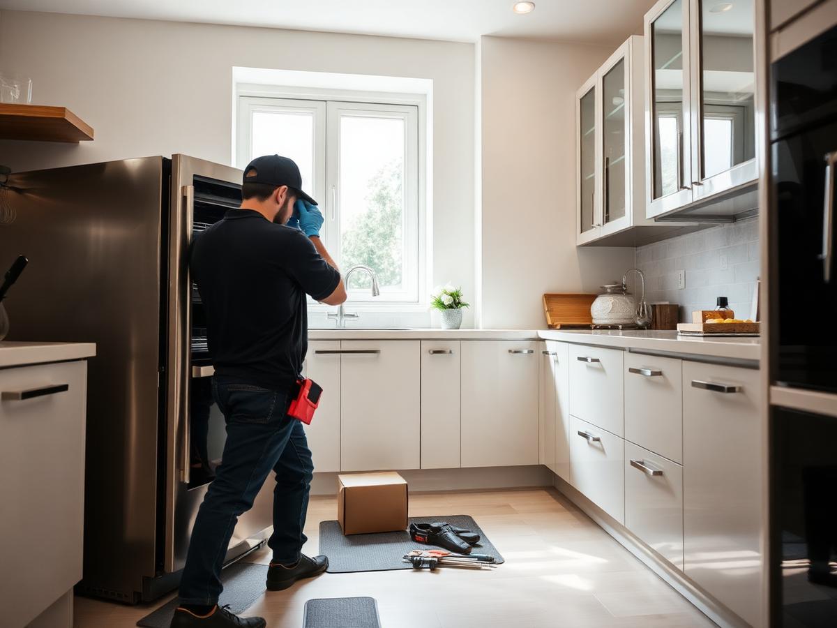 Installer setting up a stainless steel appliance in a customer kitchen