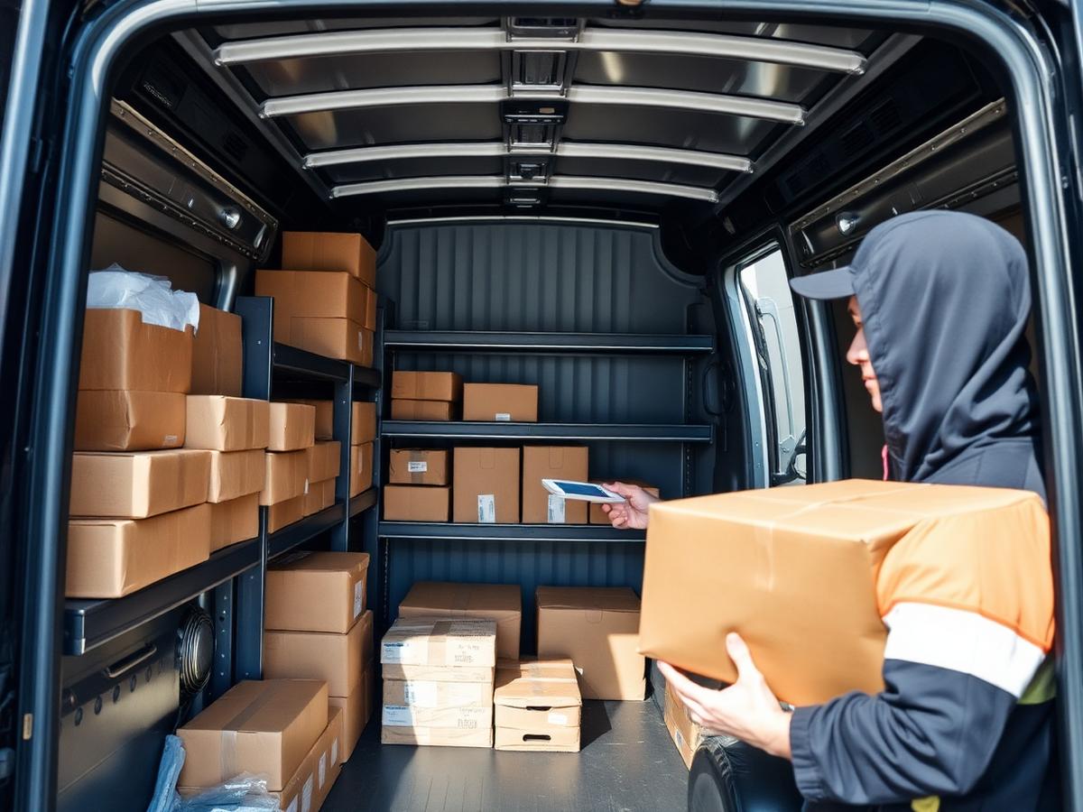 Organized parcel delivery van interior ready for the route